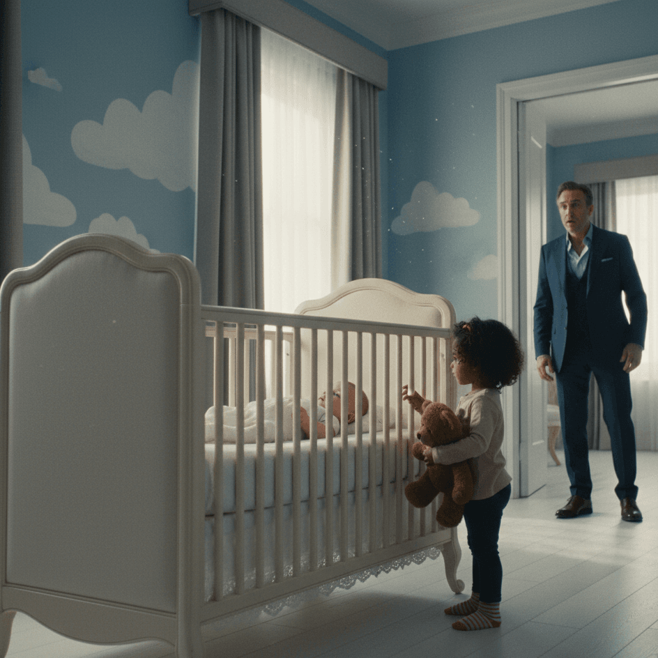 Mateo, foshnja e miliarderit në djepin luksoz të rezidencës, duke reaguar ndaj zërit të një vajze të vogël në një moment emocional dhe misterioz në dhomën e fëmijëve.