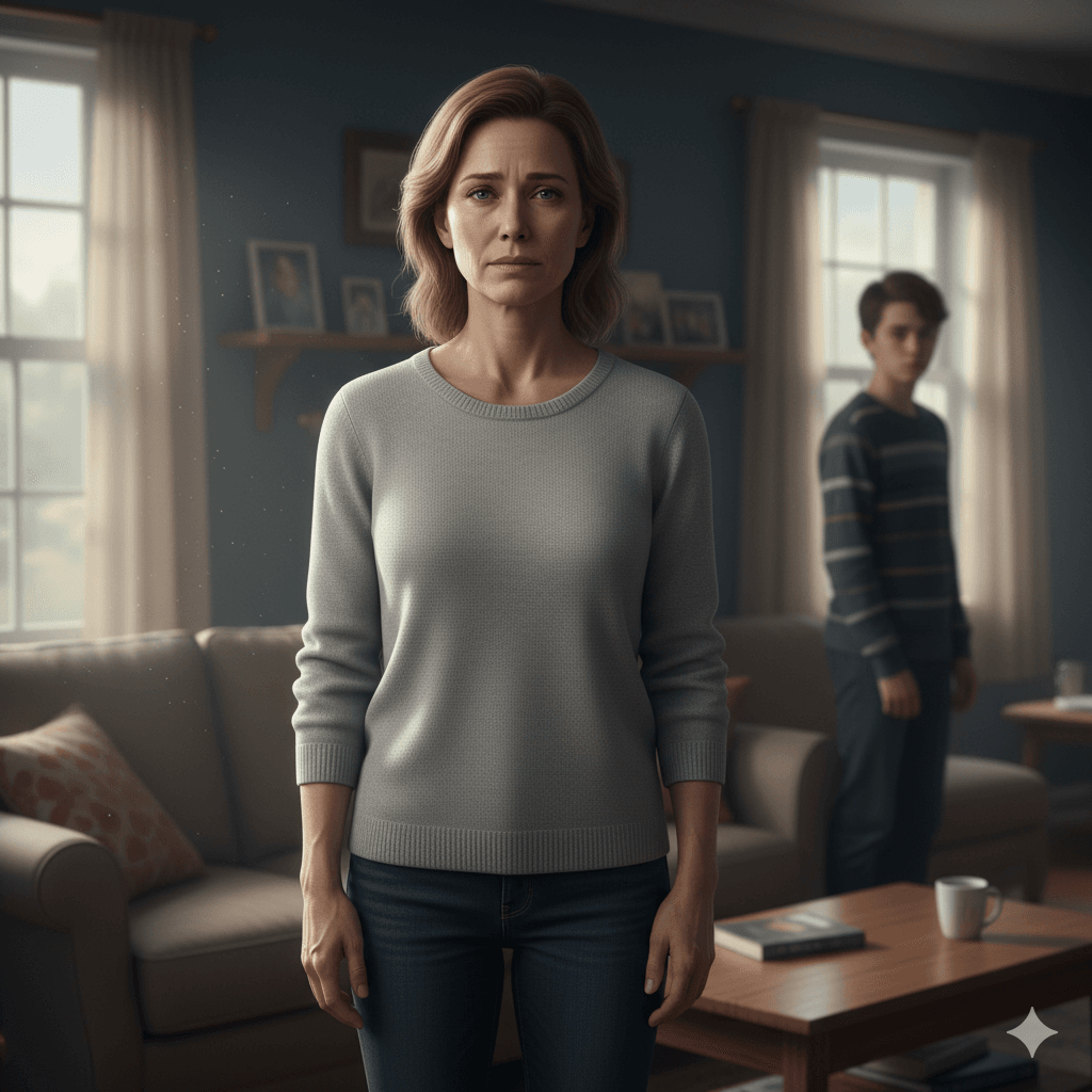 Clare, një njerkë e pikëlluar, në një moment emocional në shtëpi pas një tragjedie familjare me djalin adoleshent në sfond.