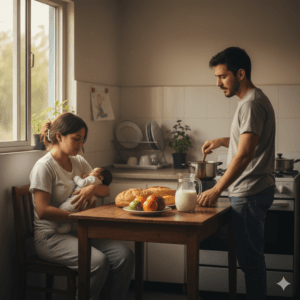 Grua e lodhur pas lindjes duke mbajtur foshnjën në kuzhinë ndërsa bashkëshorti shikon me shqetësim në një moment emocional familjar realist